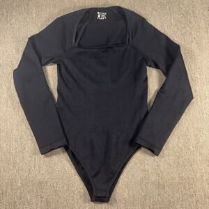 Womens Ribbed Bodysuit Black Long Sleeve Stretch Slim Fit Size L